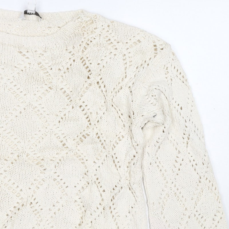 M&S Women Ivory L Open Knit Geometric Long Sleeve Pullover Jumper