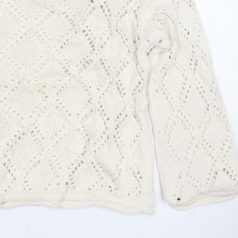 M&S Women Ivory L Open Knit Geometric Long Sleeve Pullover Jumper