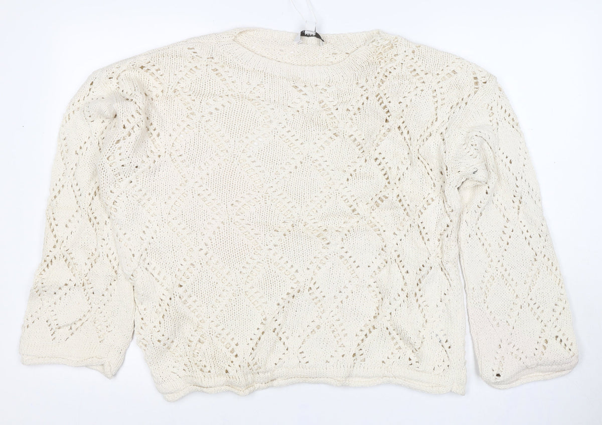 M&S Women Ivory L Open Knit Geometric Long Sleeve Pullover Jumper
