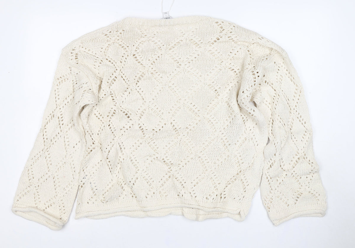 M&S Women Ivory L Open Knit Geometric Long Sleeve Pullover Jumper