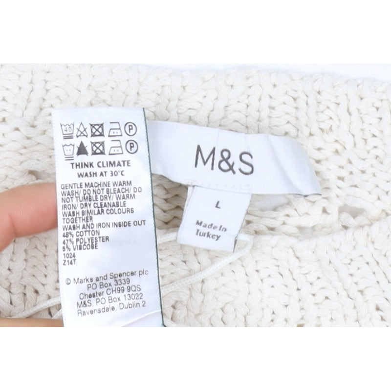 M&S Women Ivory L Open Knit Geometric Long Sleeve Pullover Jumper