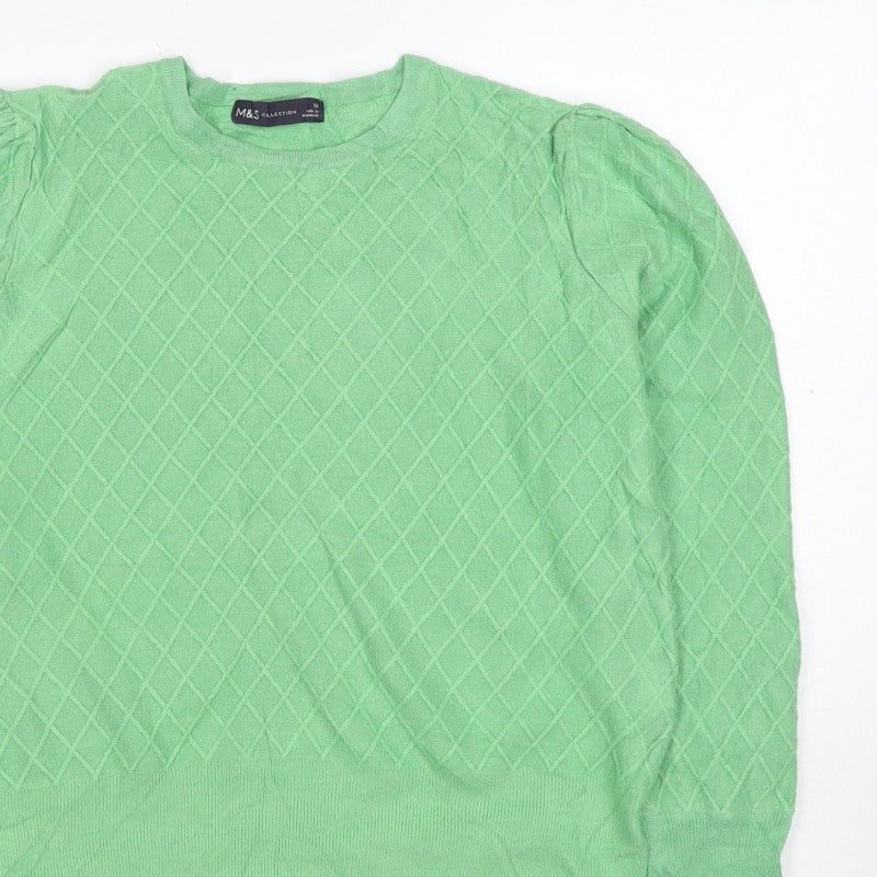 M&S Women Green Size 12 Diamond Knit Balloon Sleeve Cotton Jumper