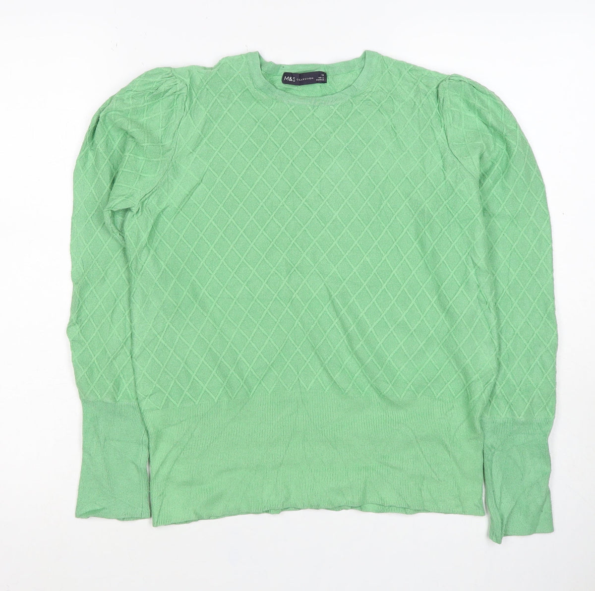 M&S Women Green Size 12 Diamond Knit Balloon Sleeve Cotton Jumper