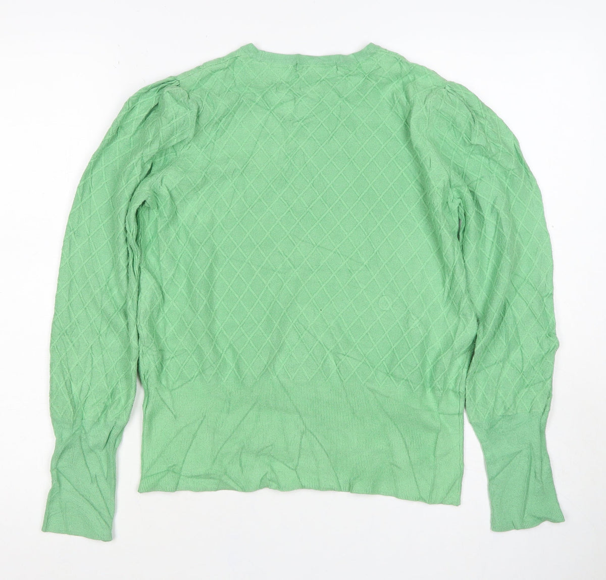 M&S Women Green Size 12 Diamond Knit Balloon Sleeve Cotton Jumper