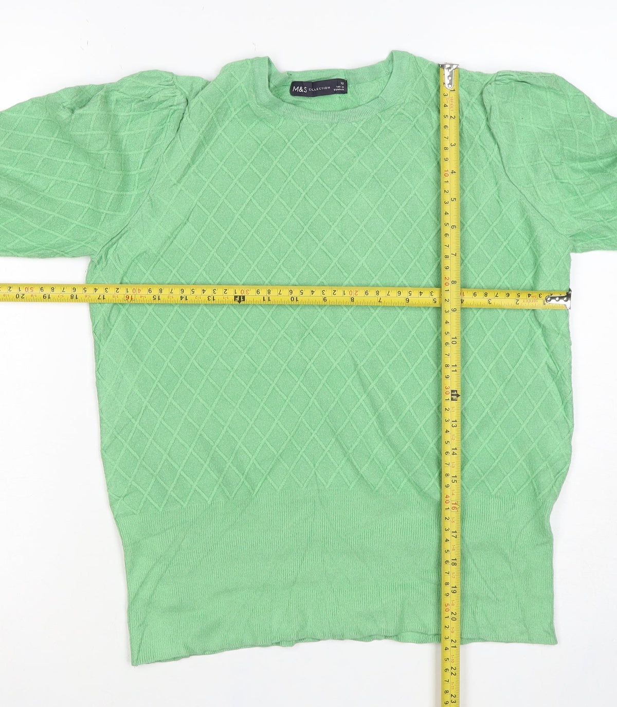 M&S Women Green Size 12 Diamond Knit Balloon Sleeve Cotton Jumper