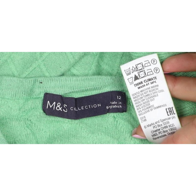 M&S Women Green Size 12 Diamond Knit Balloon Sleeve Cotton Jumper