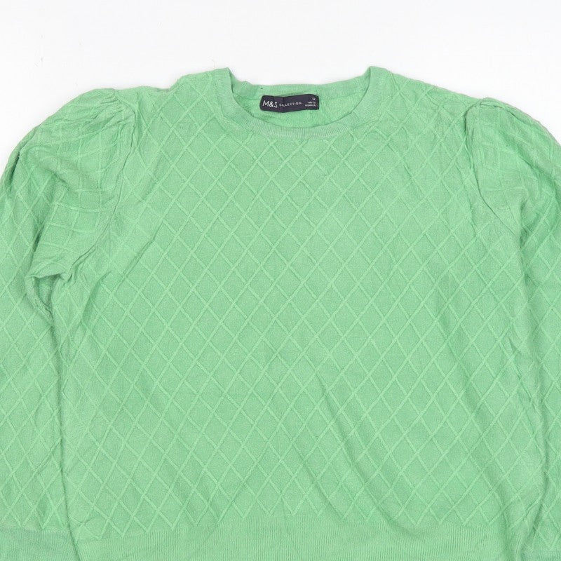 M&S Women Green Size 12 Diamond Knit Balloon Sleeve Cotton Jumper