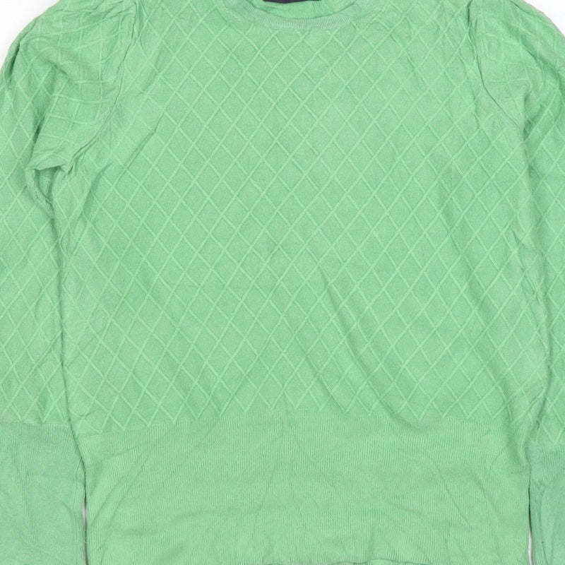 M&S Women Green Size 12 Diamond Knit Balloon Sleeve Cotton Jumper