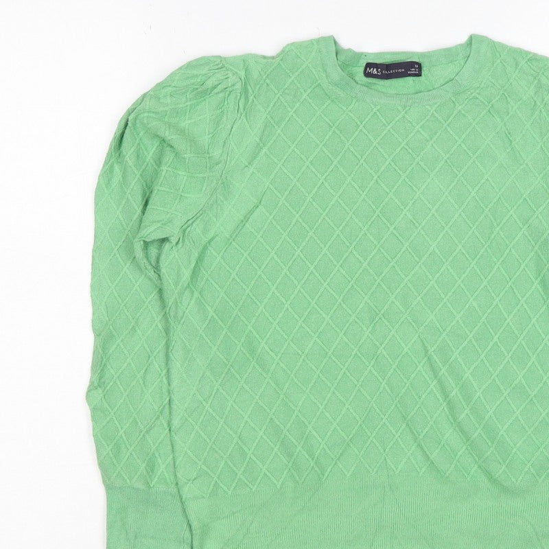M&S Women Green Size 12 Diamond Knit Balloon Sleeve Cotton Jumper