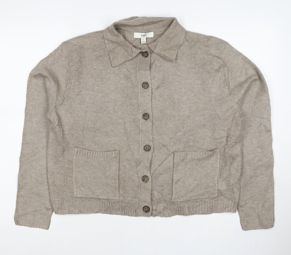 Marks & Spencer Women Beige M Collared Button Pocket Cardigan