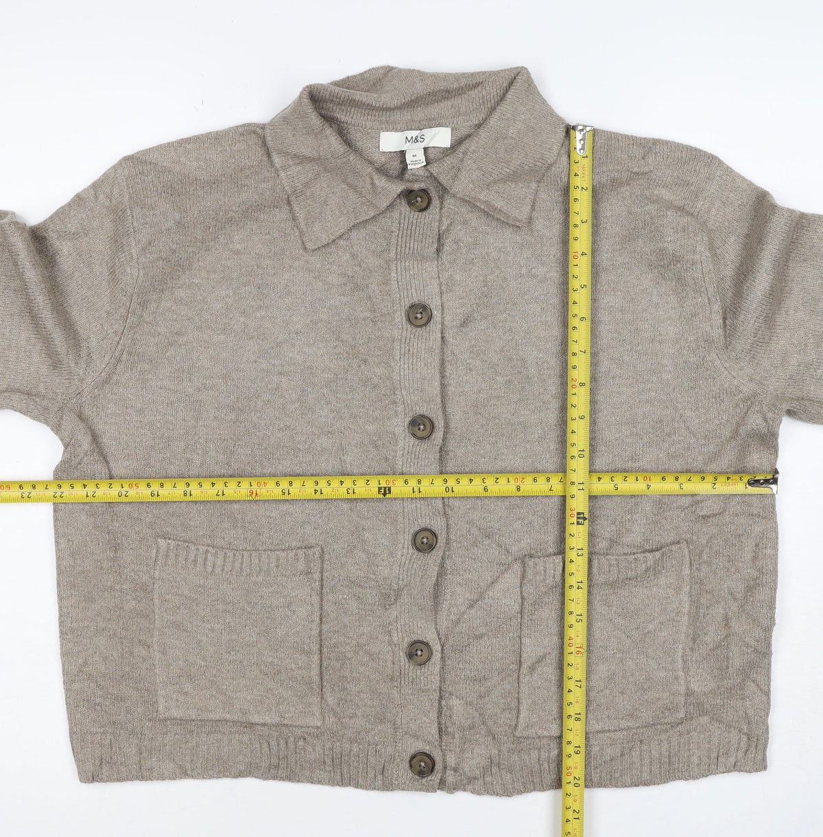 Marks & Spencer Women Beige M Collared Button Pocket Cardigan