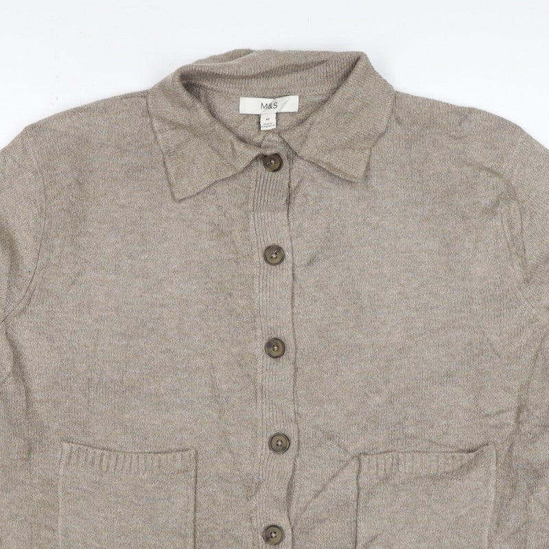 Marks & Spencer Women Beige M Collared Button Pocket Cardigan