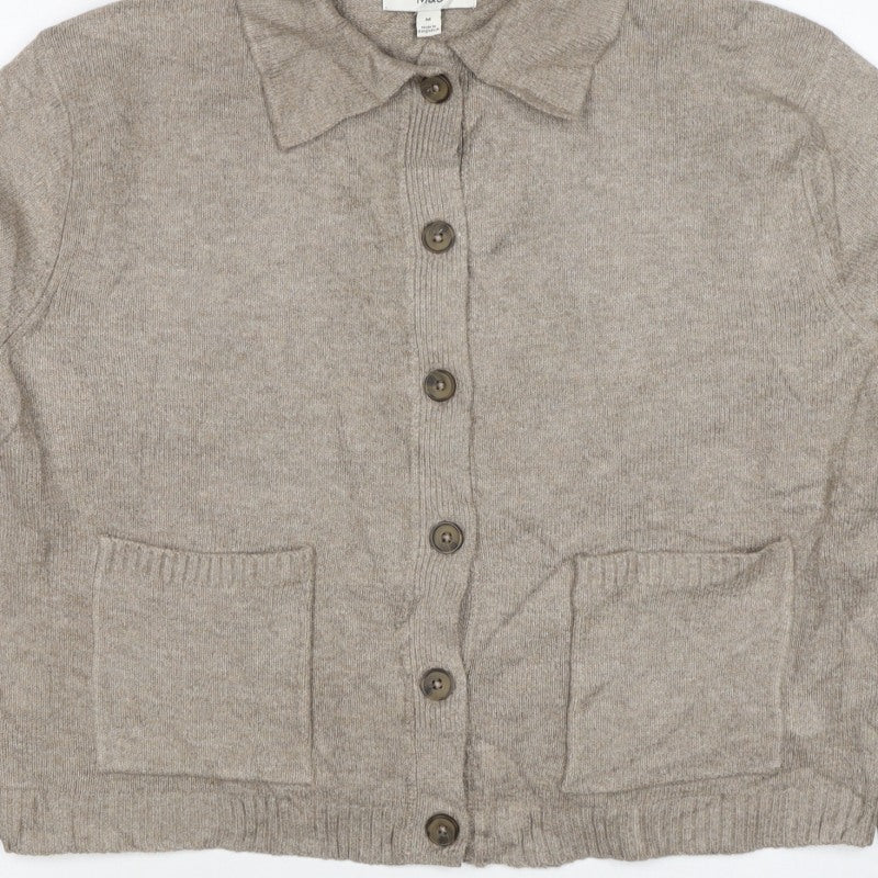 Marks & Spencer Women Beige M Collared Button Pocket Cardigan