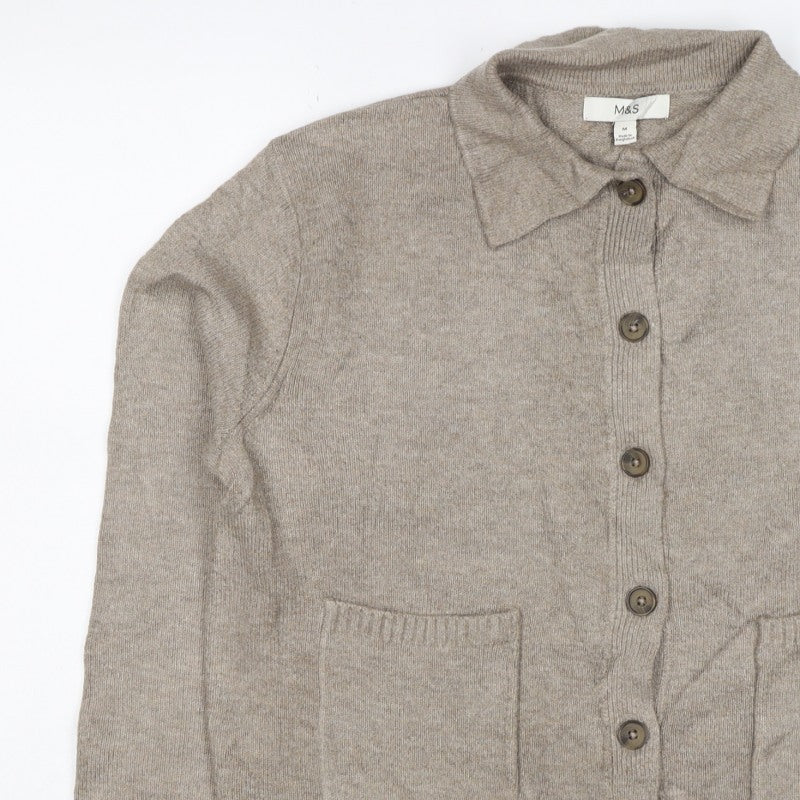 Marks & Spencer Women Beige M Collared Button Pocket Cardigan