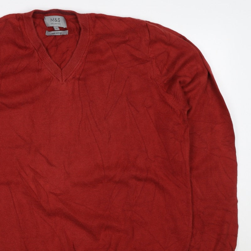 Marks and Spencer Men’s Red L Pure Cotton V-Neck Pullover Jumper