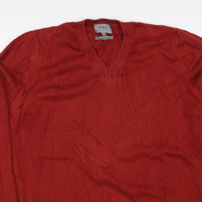 Marks and Spencer Men’s Red L Pure Cotton V-Neck Pullover Jumper