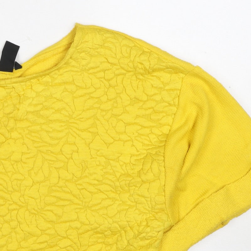 H&M Women Yellow XS Cropped Textured Knit Short Sleeve Blouse