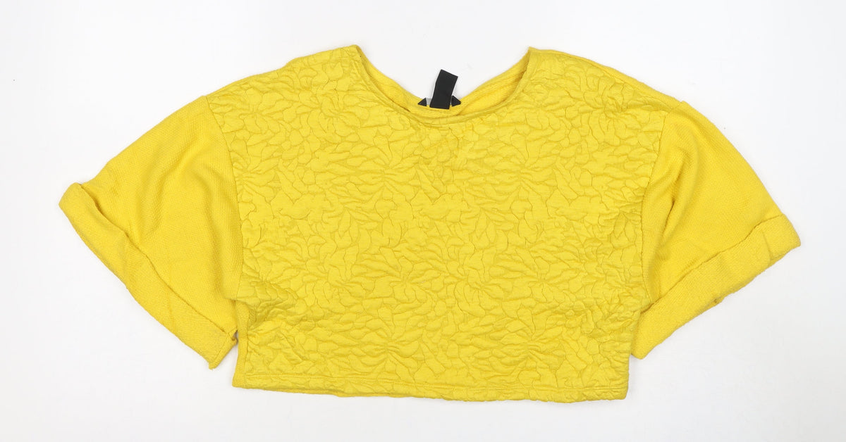 H&M Women Yellow XS Cropped Textured Knit Short Sleeve Blouse