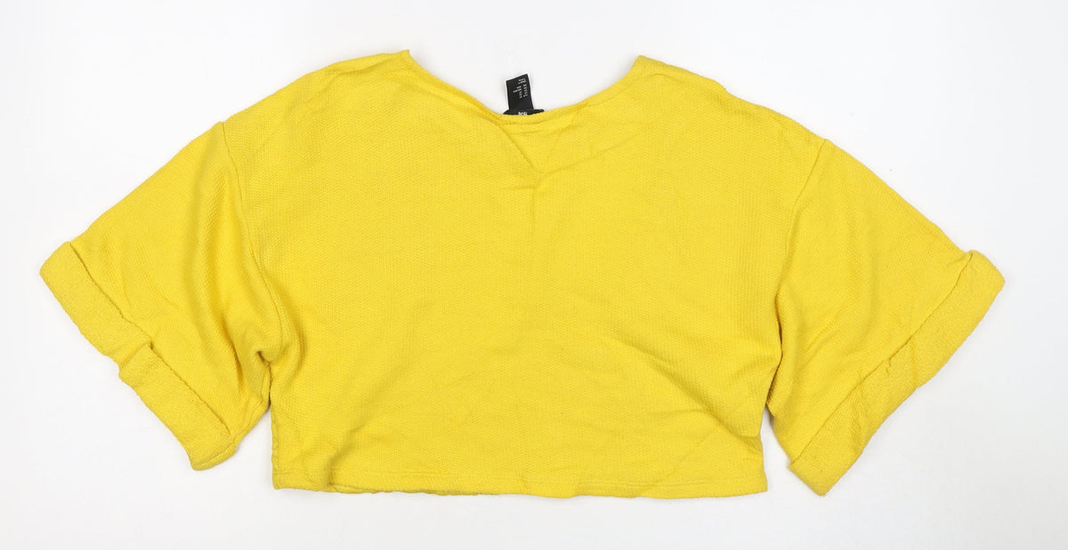 H&M Women Yellow XS Cropped Textured Knit Short Sleeve Blouse