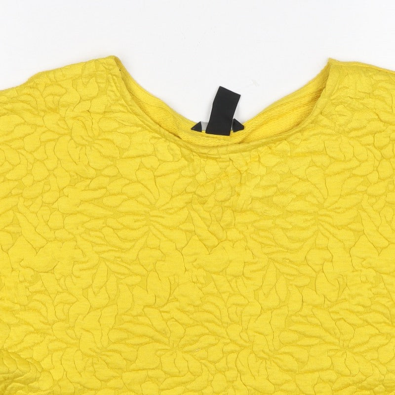 H&M Women Yellow XS Cropped Textured Knit Short Sleeve Blouse