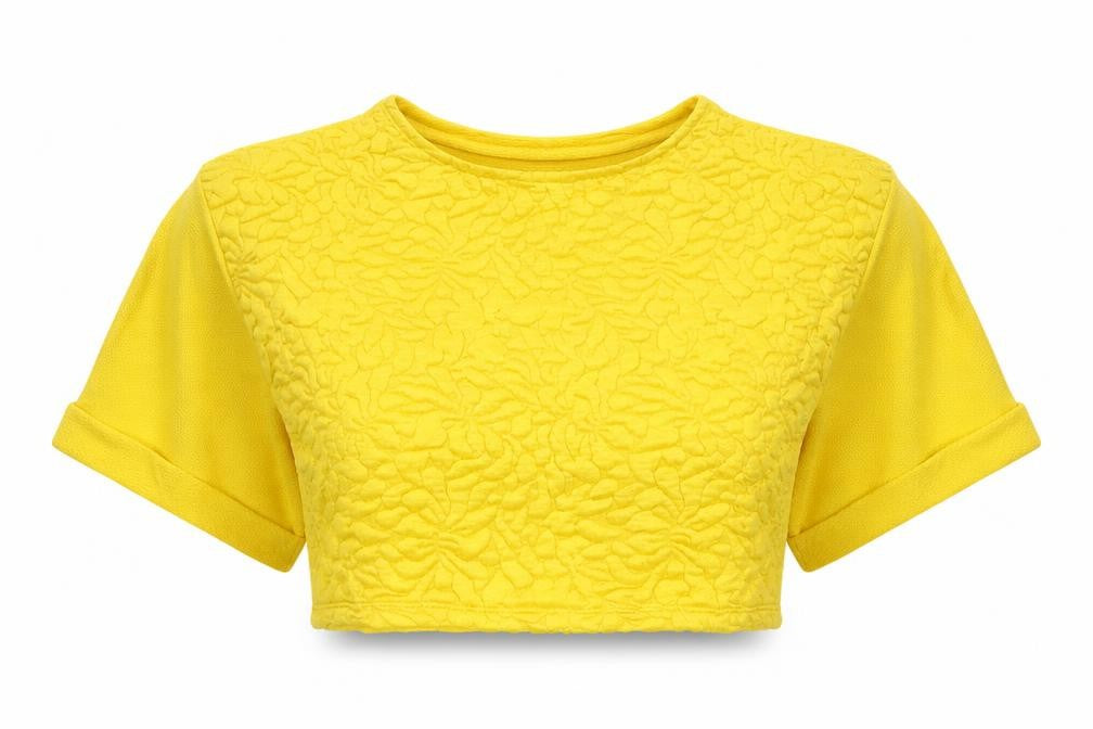 H&M Women Yellow XS Cropped Textured Knit Short Sleeve Blouse
