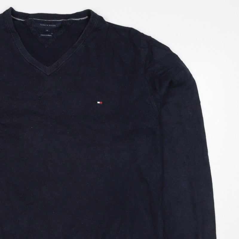 Tommy Hilfiger Men’s Blue XL Cotton Cashmere V-Neck Logo Pullover Jumper