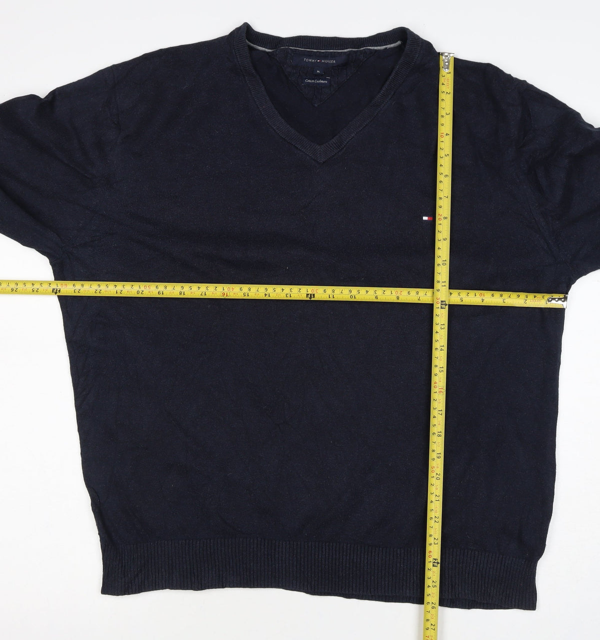 Tommy Hilfiger Men’s Blue XL Cotton Cashmere V-Neck Logo Pullover Jumper