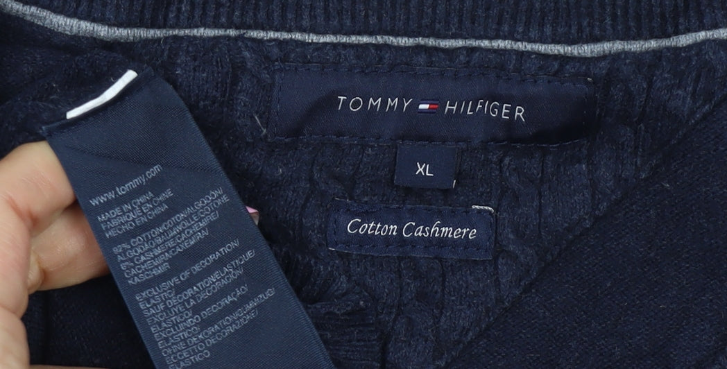 Tommy Hilfiger Men’s Blue XL Cotton Cashmere V-Neck Logo Pullover Jumper