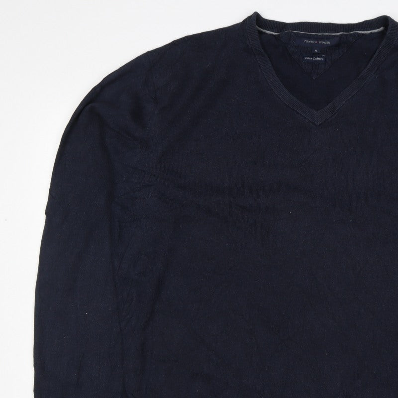Tommy Hilfiger Men’s Blue XL Cotton Cashmere V-Neck Logo Pullover Jumper