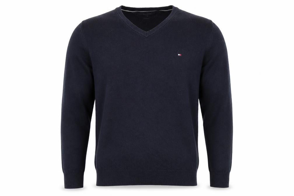 Tommy Hilfiger Men’s Blue XL Cotton Cashmere V-Neck Logo Pullover Jumper