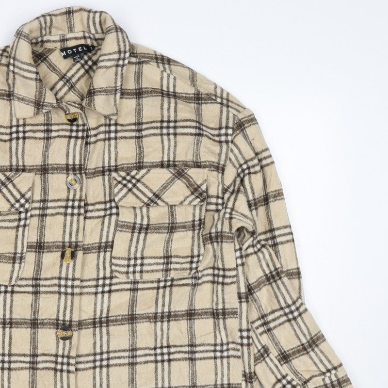 Motel Women’s Beige Brown Plaid Button Shirt Jacket Size S