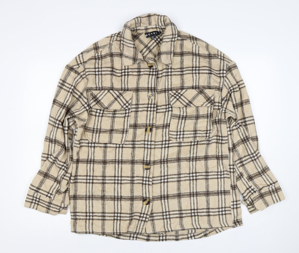 Motel Women’s Beige Brown Plaid Button Shirt Jacket Size S