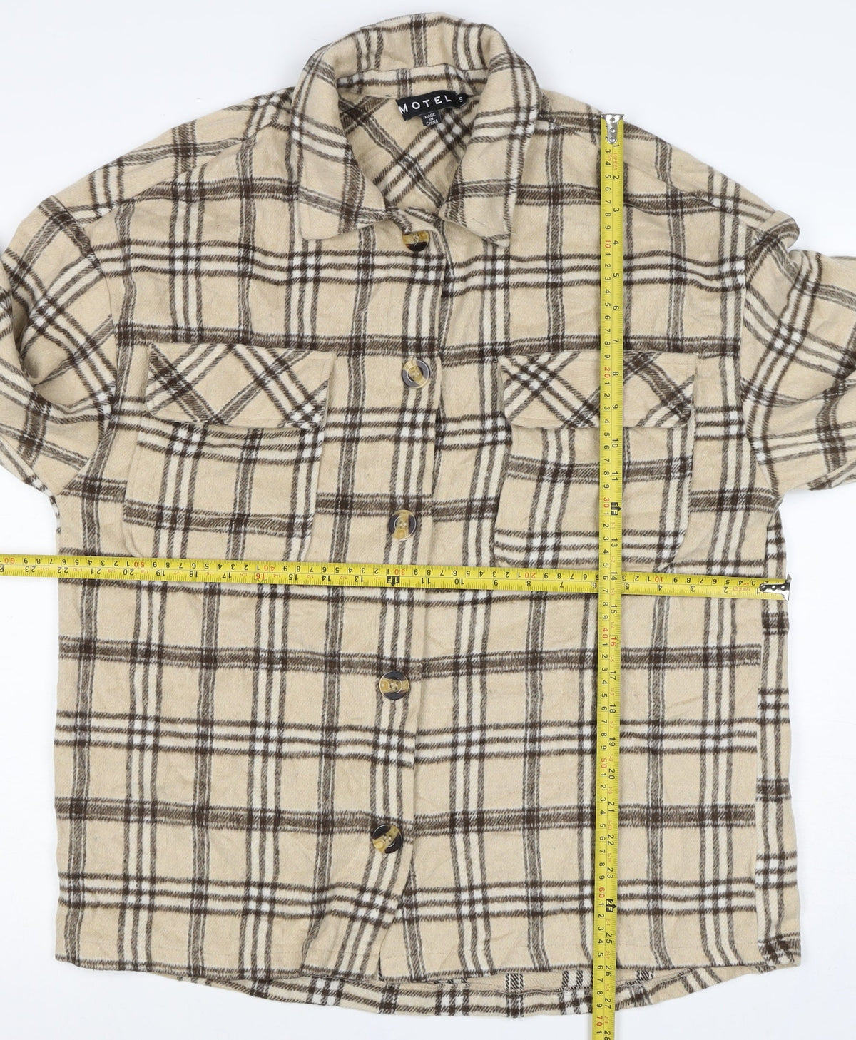 Motel Women’s Beige Brown Plaid Button Shirt Jacket Size S