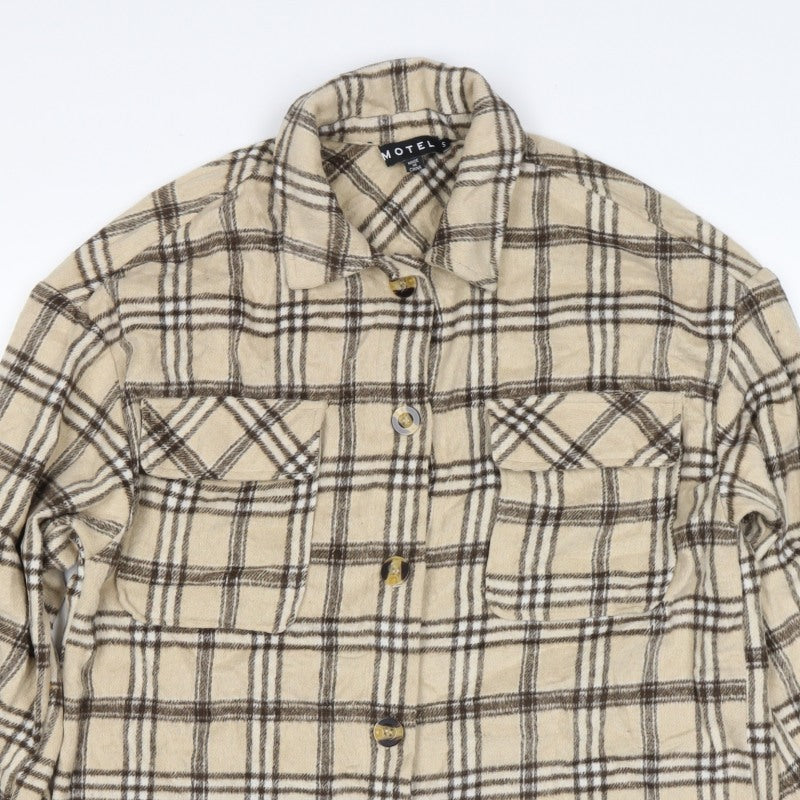 Motel Women’s Beige Brown Plaid Button Shirt Jacket Size S