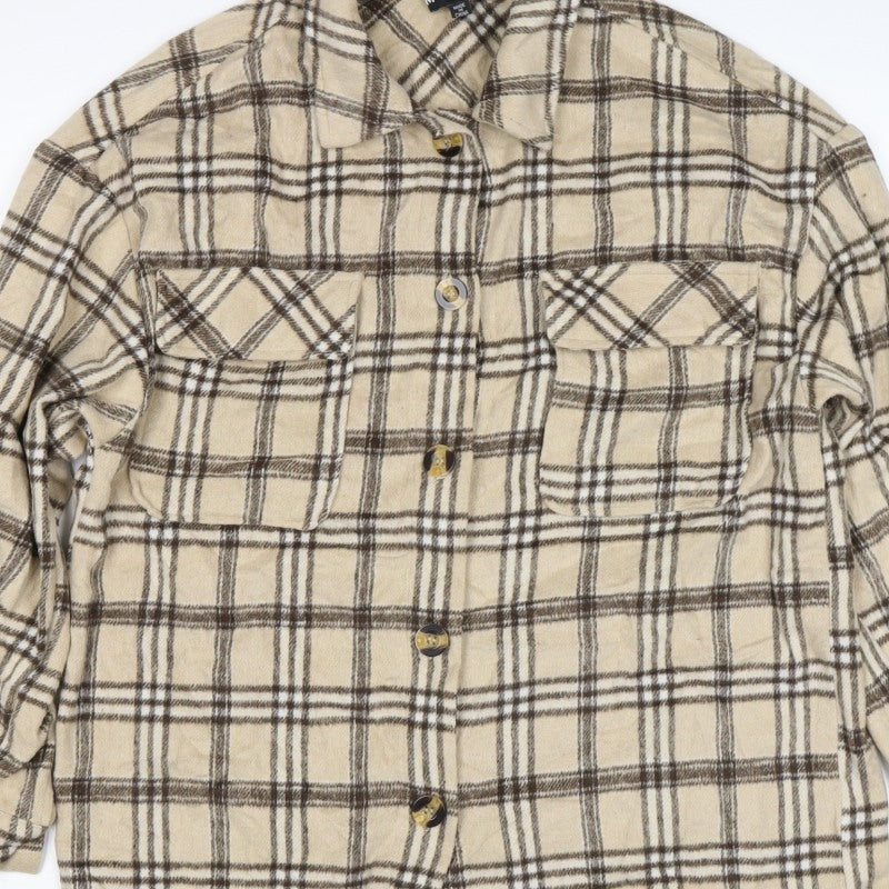 Motel Women’s Beige Brown Plaid Button Shirt Jacket Size S