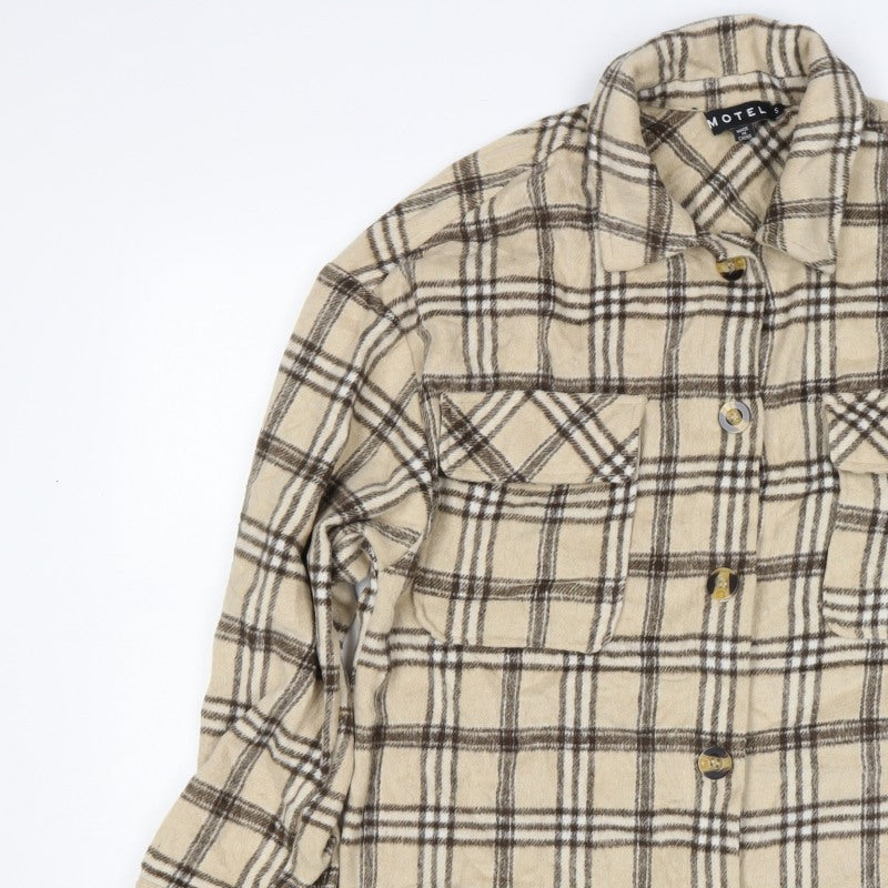 Motel Women’s Beige Brown Plaid Button Shirt Jacket Size S