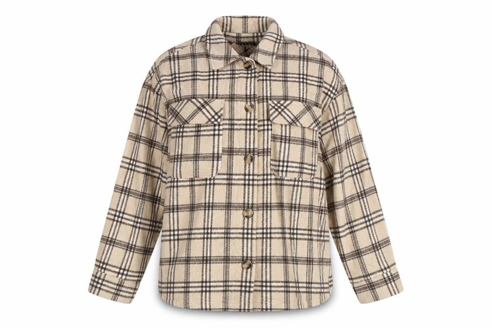 Motel Women’s Beige Brown Plaid Button Shirt Jacket Size S