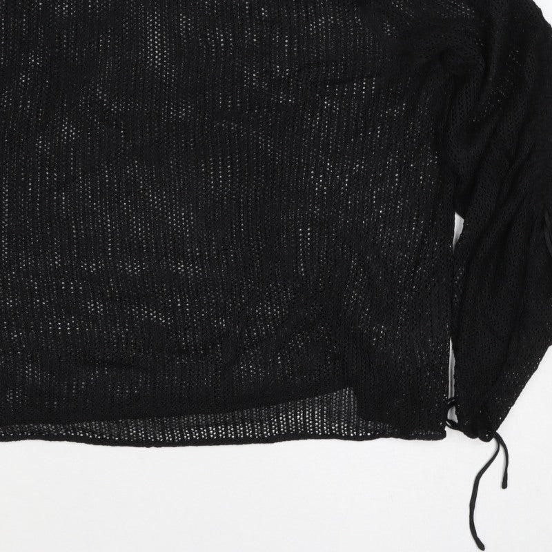 Zara Women Black Size S Sheer Knit Drawstring Sleeve Blouse Top