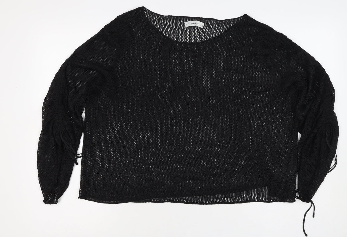 Zara Women Black Size S Sheer Knit Drawstring Sleeve Blouse Top