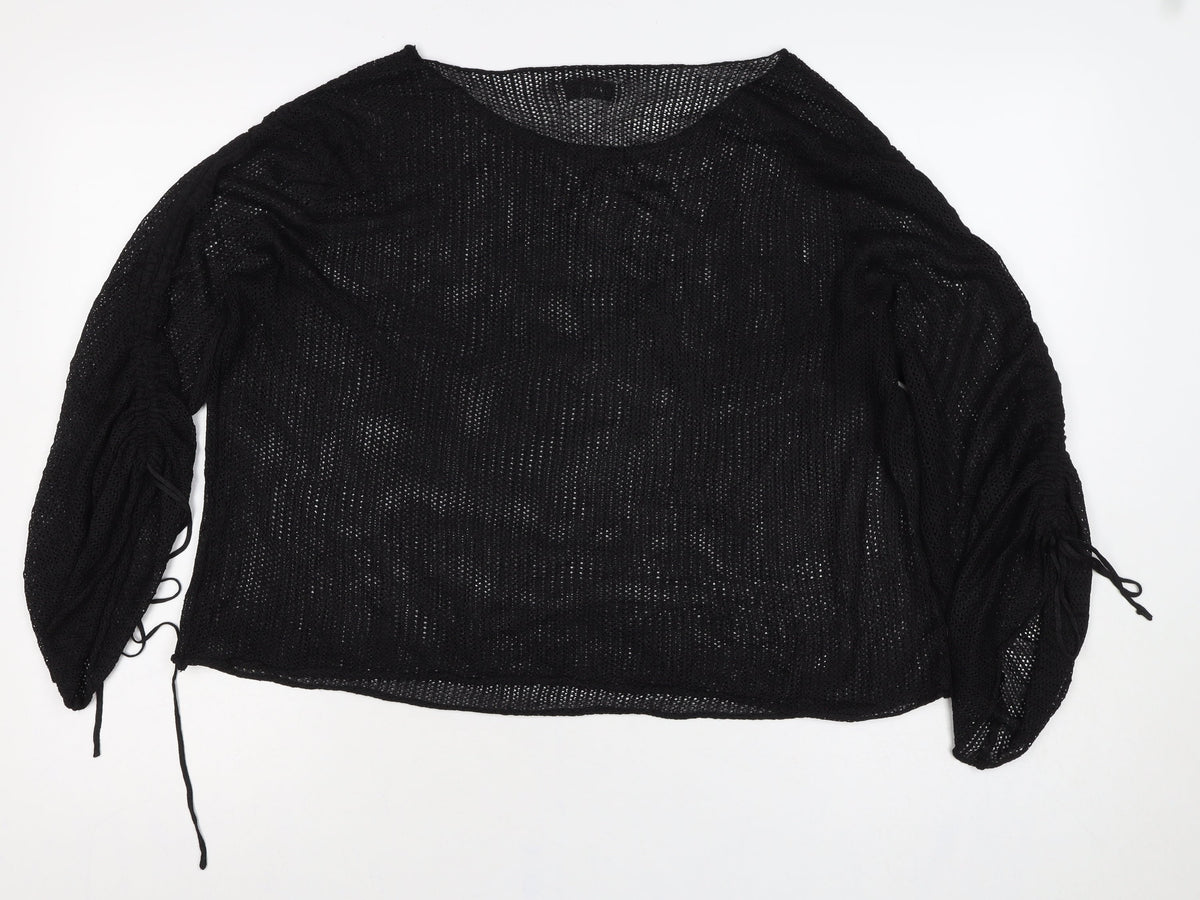 Zara Women Black Size S Sheer Knit Drawstring Sleeve Blouse Top
