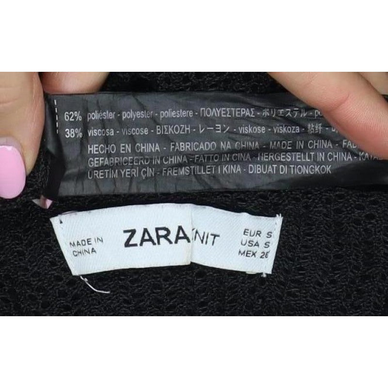 Zara Women Black Size S Sheer Knit Drawstring Sleeve Blouse Top