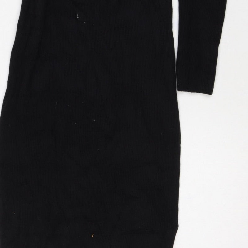 Apricot Women’s Black S Ribbed Knit V-Neck Midi Jumper Dress