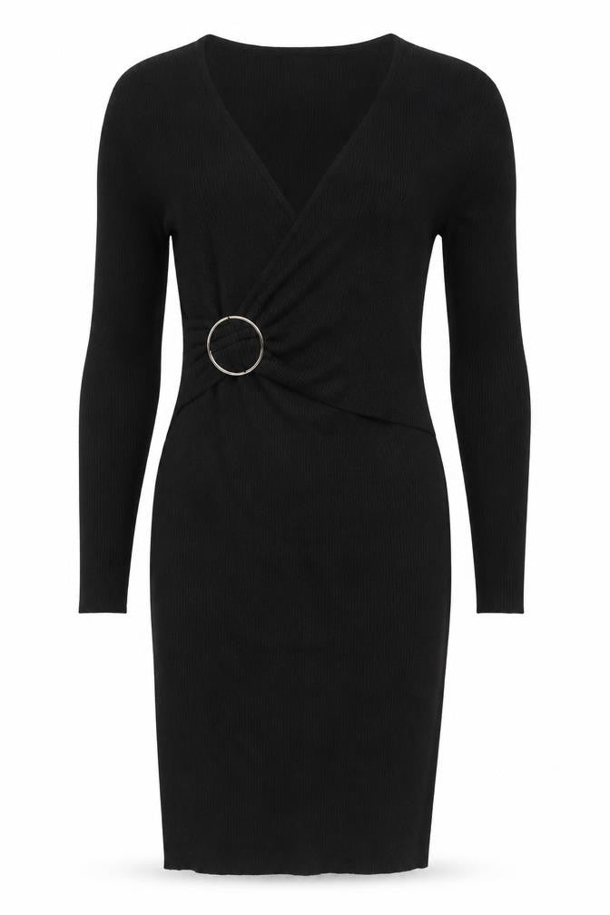 Apricot Women’s Black S Ribbed Knit V-Neck Midi Jumper Dress