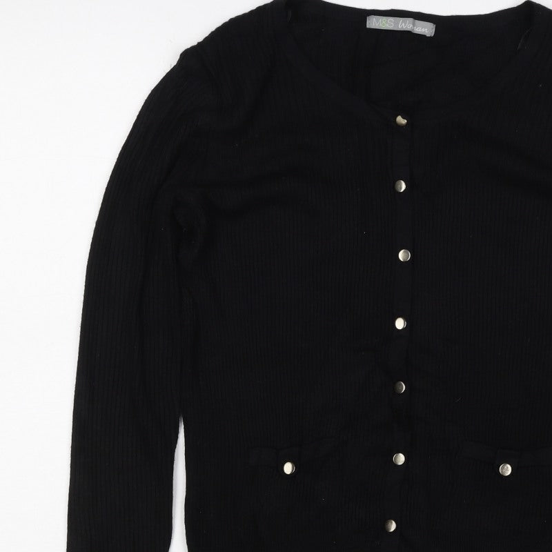 Marks and Spencer Women Black Size 14 Rib Knit Button Cardigan