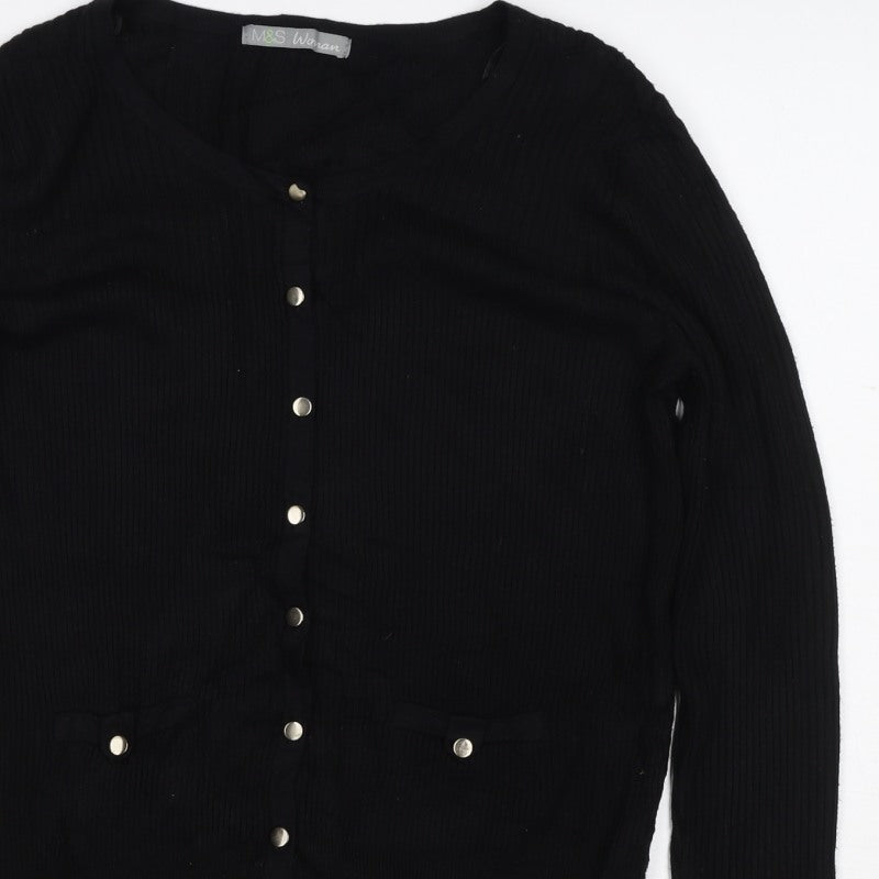 Marks and Spencer Women Black Size 14 Rib Knit Button Cardigan