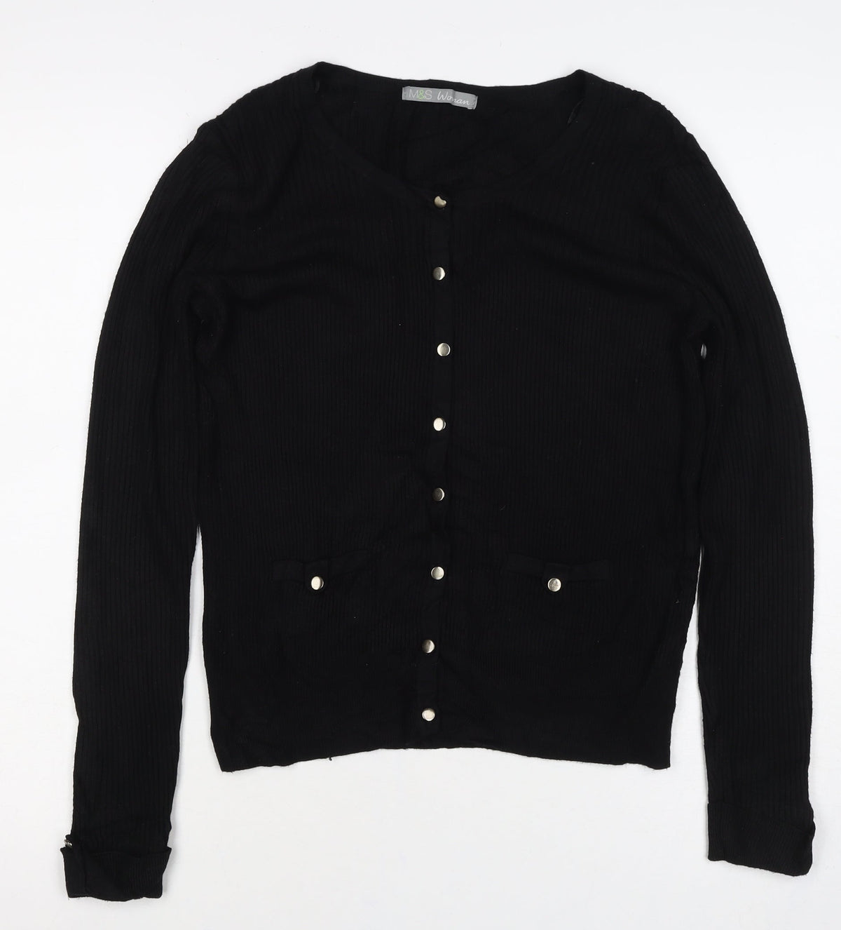 Marks and Spencer Women Black Size 14 Rib Knit Button Cardigan