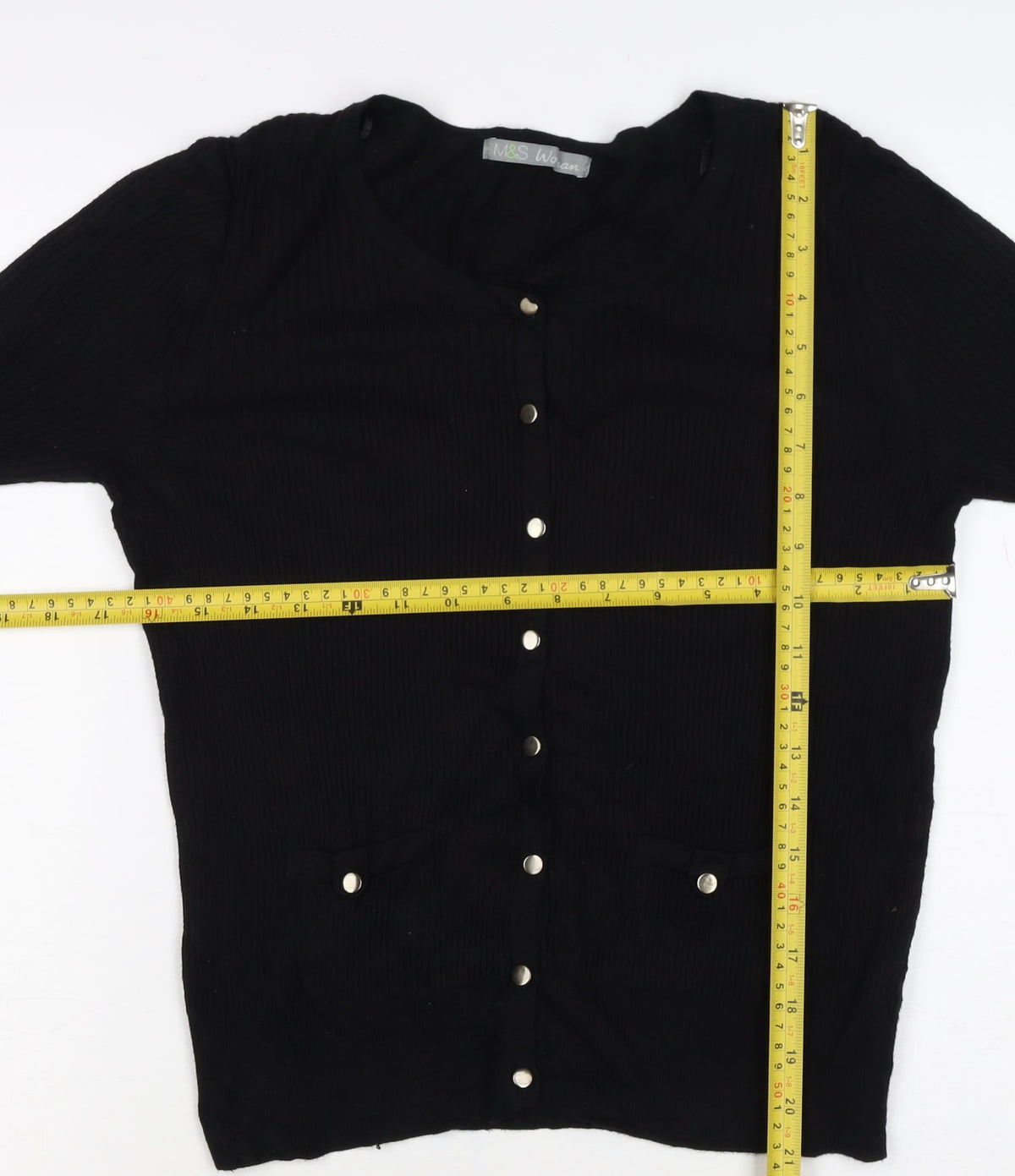 Marks and Spencer Women Black Size 14 Rib Knit Button Cardigan