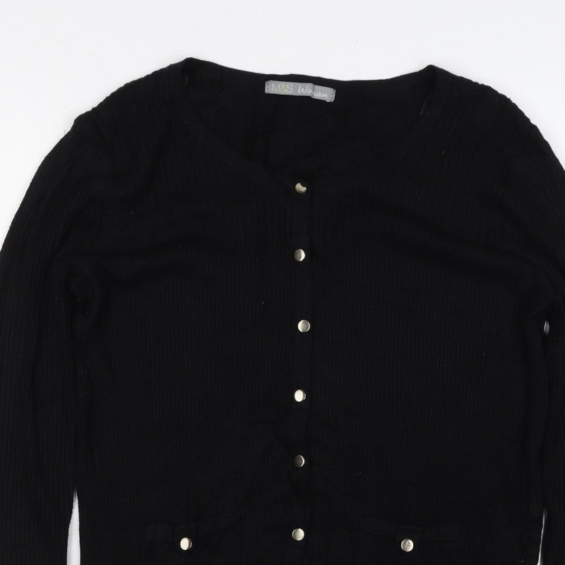 Marks and Spencer Women Black Size 14 Rib Knit Button Cardigan