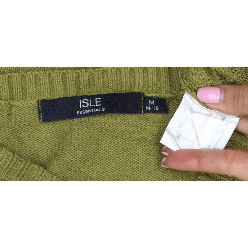 Isle Essentials Women Green Size 14 Cable Knit Crew Neck Pullover Jumper