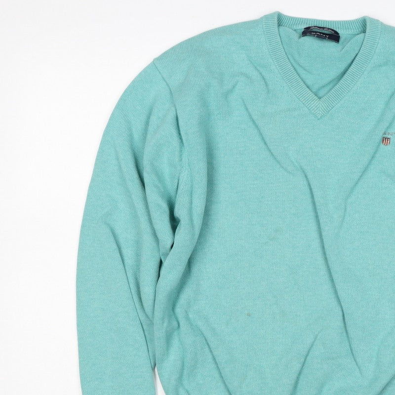 GANT Women Blue L Cotton V-Neck Logo Knit Pullover Jumper